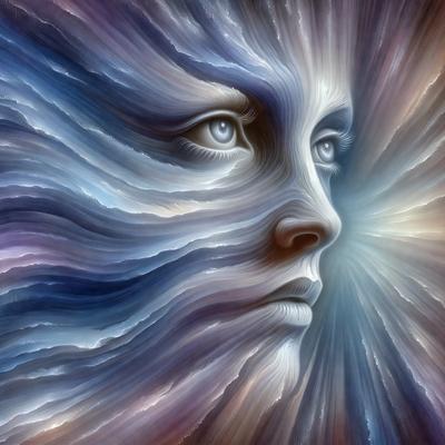 The primary subject of the image is a close-up of a woman's face, with her eyes open and staring directly at the viewer. The setting is a blue and purple background, which adds a sense of depth and color to the scene. The visual style is a combination of digital art and illustration, creating a unique and artistic representation of the woman's face. The colors and mood of the image are predominantly blue and purple, giving it a calm and serene atmosphere.